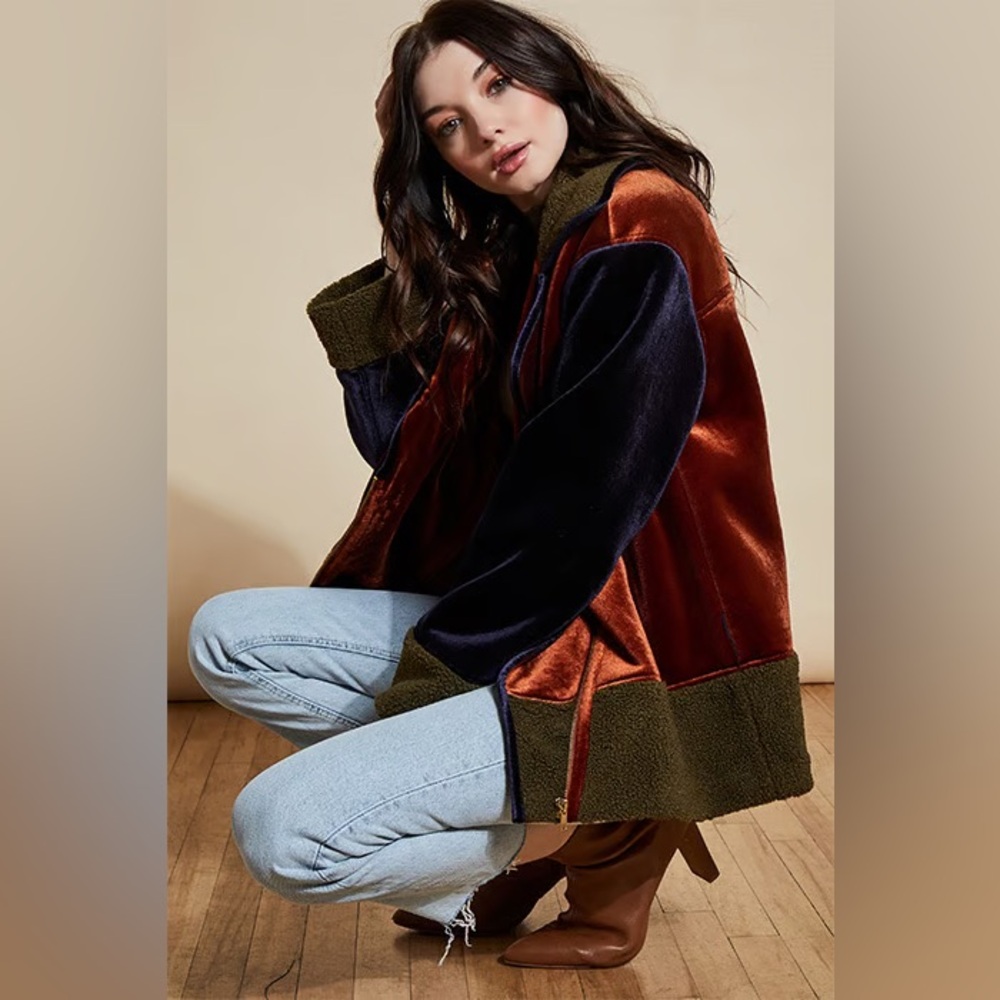 Hutch Eve Moto Velvet Teddy Jacket in Rust and Navy